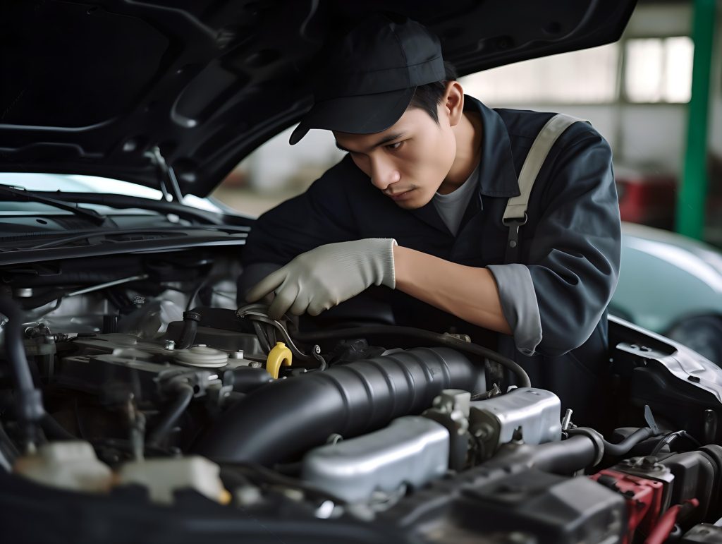 A car mechanic inspecting the car parts in a car shop
