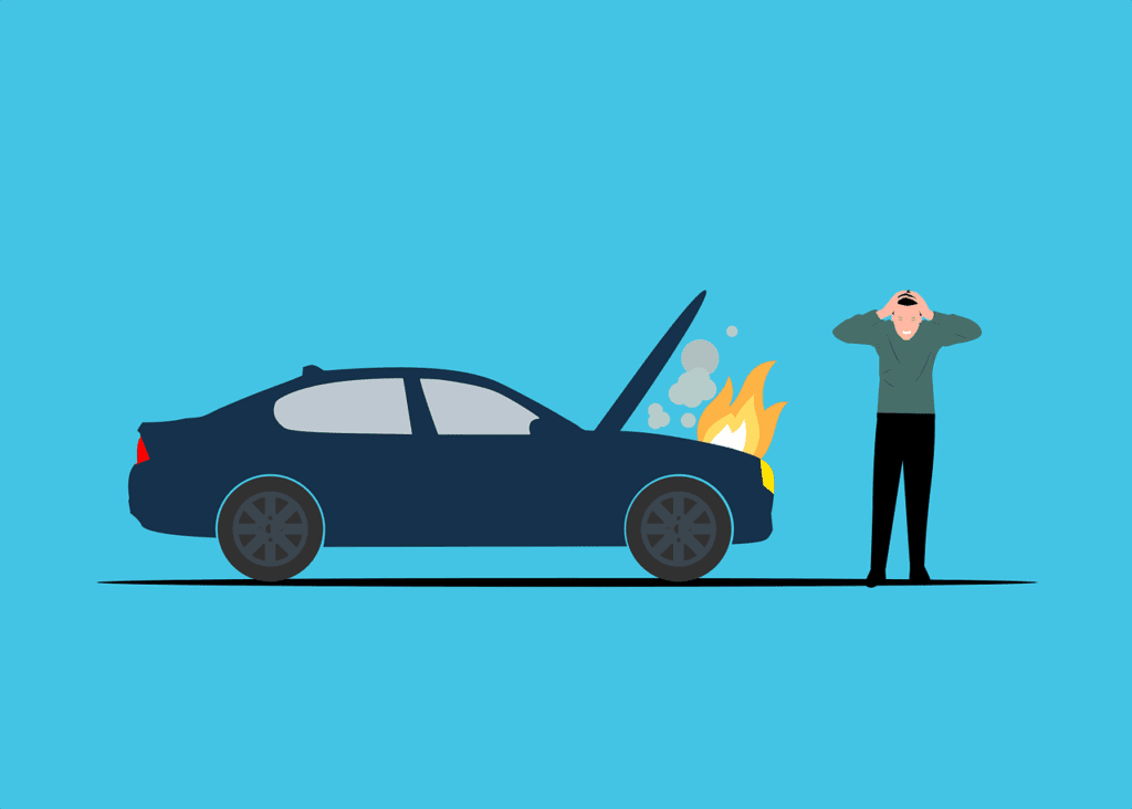 Illustration of car breakdown with engine fire and distressed driver